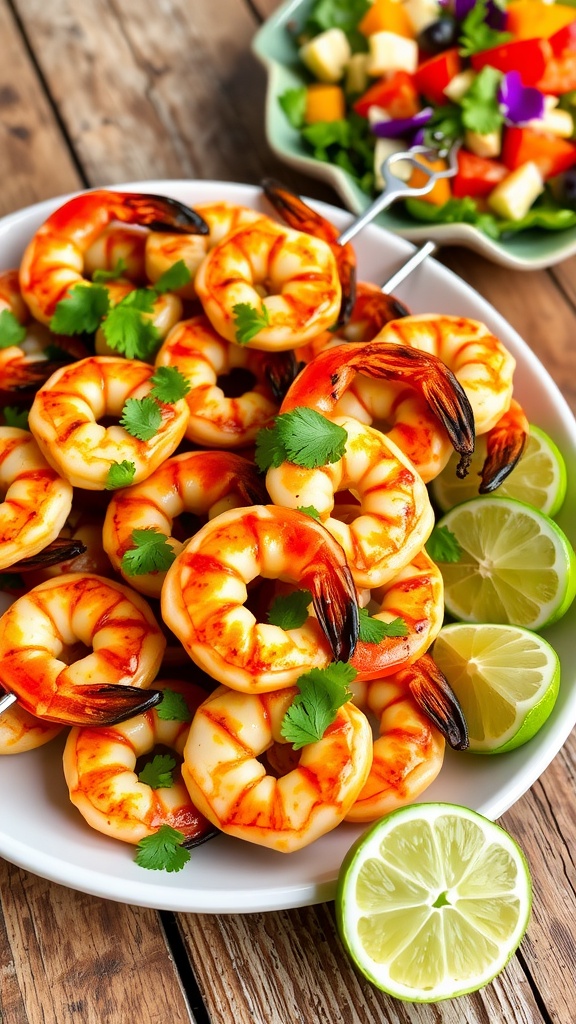 Grilled shrimp skewers with cilantro and lime on a rustic wooden table.